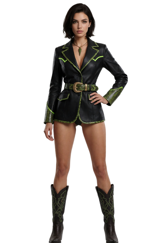 Selbstbewusstes Cowgirl-Model mit reptilgr&uuml;nen Akzenten f&uuml;r den Lizaro Casino Bonus