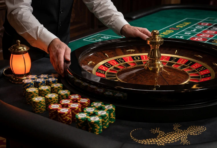 Live-Roulette-Tisch mit gr&uuml;nen Neonlichtern f&uuml;r Lizaro Casino Cashback im VIP Programm