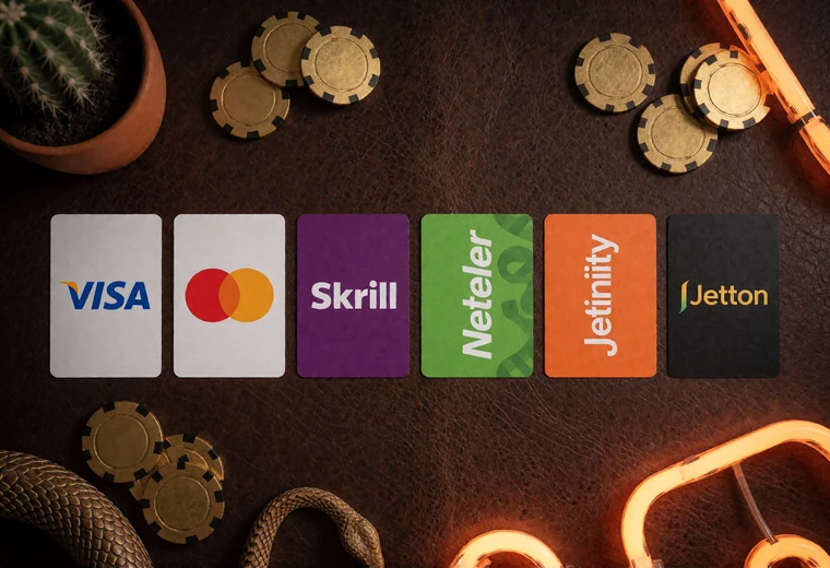 Zahlungskarten und E-Wallet-Symbole auf Leder f&uuml;r Lizaro Casino Einzahlung im Vergleich