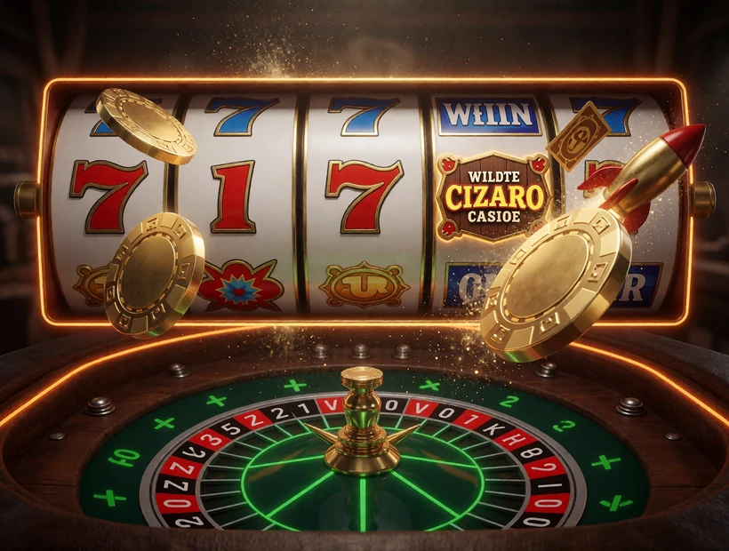 Breite Game-Collage aus Slots, Roulette und Crash-Rakete f&uuml;r Lizaro Casino Spiele