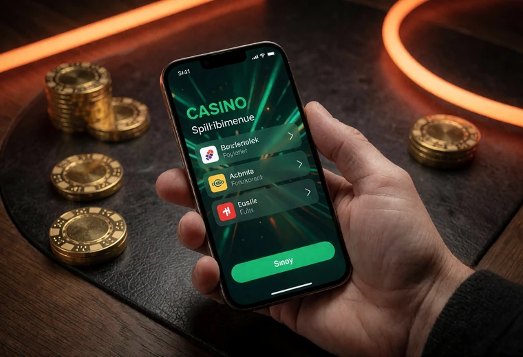 Smartphone mit gr&uuml;ner Casino-Lobby-Navigation f&uuml;r Lizaro Casino Spiele auf Saloon-Tisch