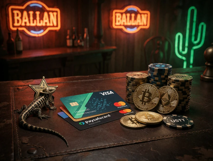 Western-Banktresen mit Karten und Krypto-Chips f&uuml;r Lizaro Casino Auszahlung und Einzahlung