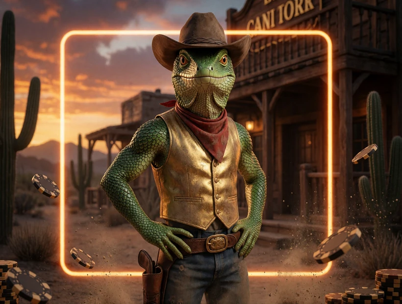 Lizard-Cowboy-Maskottchen vor einem Neon-Saloon als Lizaro Casino Wild-West Hero